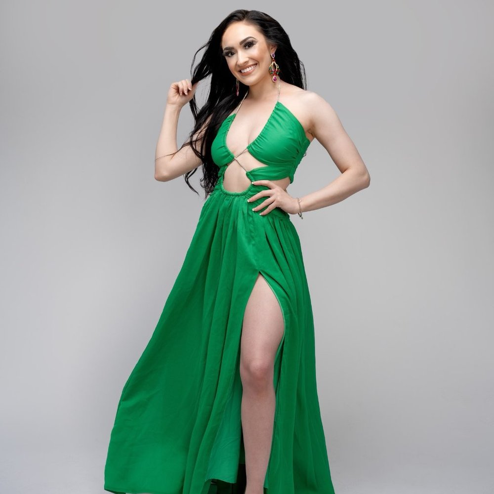 Miss Circle Quinby Green Silk Pleated Lace Up Maxi Dress, Criss-Cross Halter- XS